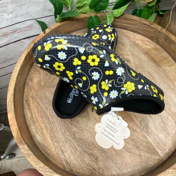 Western Chief Garden Clog Honey Bee Hive Black Yellow Flower NWT Slip On Shoes 9 - Picture 9 of 12